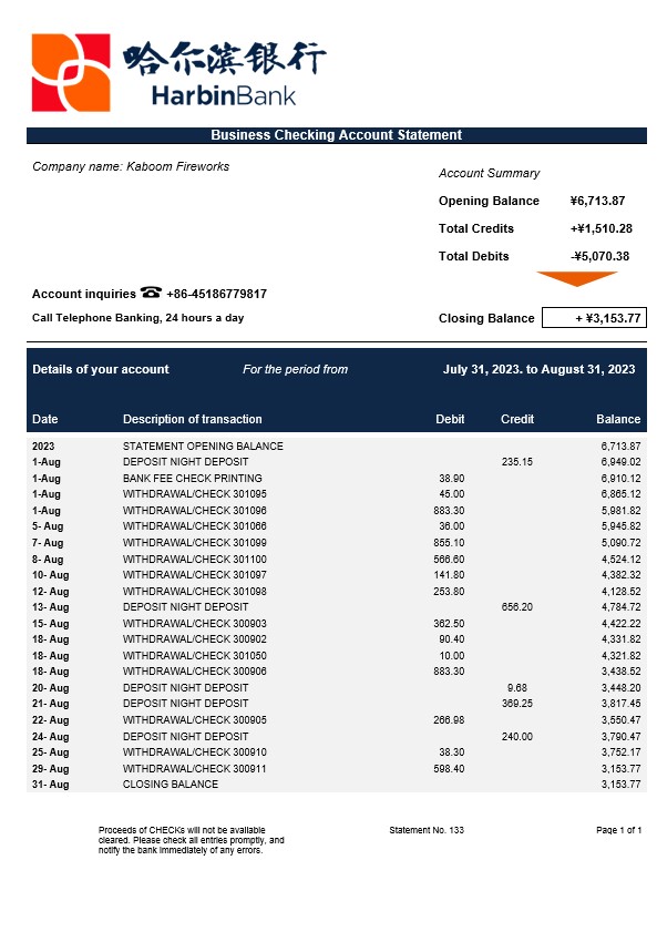 Modèle Word et PDF de déclaration d'entreprise de la Harbin Bank